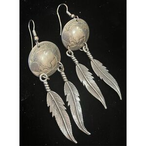 Vintage Silver Tone 1936 U.S. Buffalo Head Nickel Style Earrings W/2 Feathers